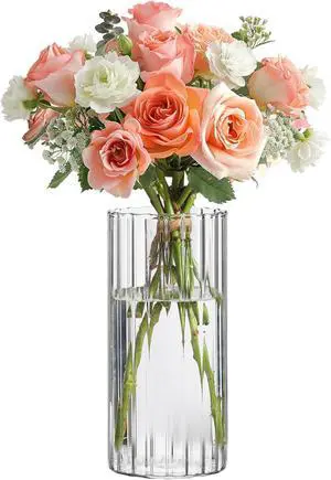 ComSaf Glass Cylinder Vase 8 Inch Tall, Clear Ribbed Decor for Centerpieces | Decorative Flower Vase, Hurricane Floating Candle Holder, Wedding Decor, Reception Table, Home Accent, Housewarming Gift ComSaf Glass Cylinder Vase 8 Inch Tall, Clear Ribbed Decor for Centerpieces | Decorative Flower Vase, Hurricane Floating Candle Holder, Wedding Decor, Reception Table, Home Accent, Housewarming Gift