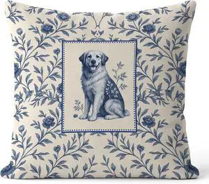 Blue and White Chinoiserie Floral Golden Retriever Pillow Covers 18x18, Gifts for Golden Retriever Lovers, Vintage Blue Toile de Jouy Dog Decorative Throw Pillow Covers for Home Room Bedroom Blue and White Chinoiserie Floral Golden Retriever Pillow Covers 18x18, Gifts for Golden Retriever Lovers, Vintage Blue Toile de Jouy Dog Decorative Throw Pillow Covers for Home Room Bedroom