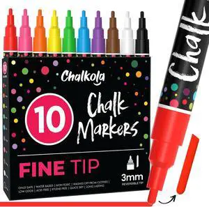 Chalkola 10 Fine Tip Chalk Markers for Blackboard (3mm Reversible Tip) | Thin Liquid Chalk pens for Chalkboards, Window, Car, Glass, Bistro, Signs (10 Pack) - Erasable Fine Point Chalkboard Markers Chalkola 10 Fine Tip Chalk Markers for Blackboard (3mm Reversible Tip) | Thin Liquid Chalk pens for Chalkboards, Window, Car, Glass, Bistro, Signs (10 Pack) - Erasable Fine Point Chalkboard Markers