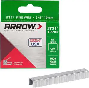 Arrow 276 JT21 Thin Wire Staples for Staple Guns and Staplers, 1000 Count | 3/8" Leg Length, 7/16" Crown Width, Heavy-Duty Galvanized Steel, Use for Upholstery, Crafts, General Repairs Arrow 276 JT21 Thin Wire Staples for Staple Guns and Staplers, 1000 Count | 3/8" Leg Length, 7/16" Crown Width, Heavy-Duty Galvanized Steel, Use for Upholstery, Crafts, General Repairs