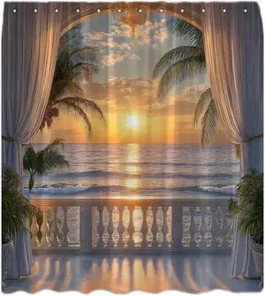 Ocean Beach Sunset Shower Curtain Rustic Tropical Hawaiian Island Sunset Scenery Sea Wave Coastal Palm Tree Fabric Bath Curtain with Hook,70x70IN Ocean Beach Sunset Shower Curtain Rustic Tropical Hawaiian Island Sunset Scenery Sea Wave Coastal Palm Tree Fabric Bath Curtain with Hook,70x70IN