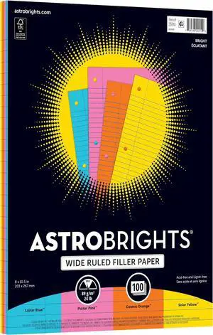 Astrobrights® Filler Paper, 8" x 10 1/2", Wide Ruled, 20 Lb, FSC® Certified, Assorted Colors, Pack Of 100 Sheets Astrobrights® Filler Paper, 8" x 10 1/2", Wide Ruled, 20 Lb, FSC® Certified, Assorted Colors, Pack Of 100 Sheets