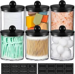 6 Pack Acrylic Qtip Holder Dispenser for Cotton Swabs, Balls, Pads, Floss - Plastic Canister Apothecary Jar Set, Bathroom Essentials Accessories Decor Vanity Makeup Storage Organizer - Clear & Black 6 Pack Acrylic Qtip Holder Dispenser for Cotton Swabs, Balls, Pads, Floss - Plastic Canister Apothecary Jar Set, Bathroom Essentials Accessories Decor Vanity Makeup Storage Organizer - Clear & Black