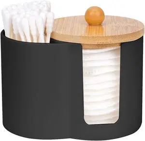 Adorila Compact Cotton Pad & Swab Holder with Bamboo Lid, Black | Dust-Free, Space-Saving Bathroom Vanity Organizer for Floss Adorila Compact Cotton Pad & Swab Holder with Bamboo Lid, Black | Dust-Free, Space-Saving Bathroom Vanity Organizer for Floss