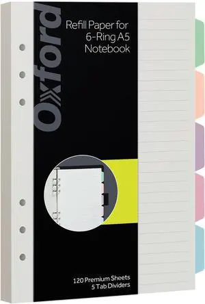 Oxford A5 Refill Paper, 6 Ring Lined Paper with Pastel Binder Dividers, 5 Tabs, 120 Sheets, 6 x 8.25 Inches, Notebook, Bullet Journal and Planner Inserts (1016731) Oxford A5 Refill Paper, 6 Ring Lined Paper with Pastel Binder Dividers, 5 Tabs, 120 Sheets, 6 x 8.25 Inches, Notebook, Bullet Journal and Planner Inserts (1016731)