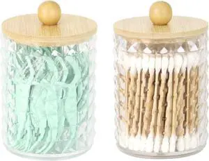 DAPOWER 2 Pack Qtip Holder Bathroom Storage Canister for Cotton Ball Cotton Swab Pads Floss, Small Plastic Jars with Lids (Clear & Bamboo Lid, 2 Pack) DAPOWER 2 Pack Qtip Holder Bathroom Storage Canister for Cotton Ball Cotton Swab Pads Floss, Small Plastic Jars with Lids (Clear & Bamboo Lid, 2 Pack)