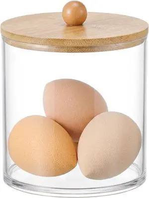 Cotton Swab Holder, Clear Plastic with Bamboo Lid, Medium | Wide-mouth storage for cotton rounds, hair ties, floss picks, and small jewelry on bathroom counters or vanities. Cotton Swab Holder, Clear Plastic with Bamboo Lid, Medium | Wide-mouth storage for cotton rounds, hair ties, floss picks, and small jewelry on bathroom counters or vanities.