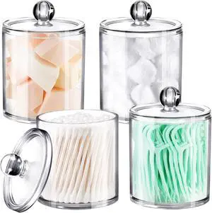 SheeChung 4 Pack Clear Acrylic Qtip Holder with Lids for Bathroom | Cotton Round Holder with Labels - Apothecary Jars for Bathroom - Vanity Storage Canisters for Cotton Swabs,Balls,Floss Picks SheeChung 4 Pack Clear Acrylic Qtip Holder with Lids for Bathroom | Cotton Round Holder with Labels - Apothecary Jars for Bathroom - Vanity Storage Canisters for Cotton Swabs,Balls,Floss Picks
