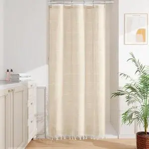 Small Stall Linen Farmhouse Shower Curtain with Tassel, Modern Boho French Country Chic Bathroom Shower Curtain Set with PEVA Liner, Cotton Hollow Fabric Shower Curtain 36x72 - Beige/Cream Small Stall Linen Farmhouse Shower Curtain with Tassel, Modern Boho French Country Chic Bathroom Shower Curtain Set with PEVA Liner, Cotton Hollow Fabric Shower Curtain 36x72 - Beige/Cream