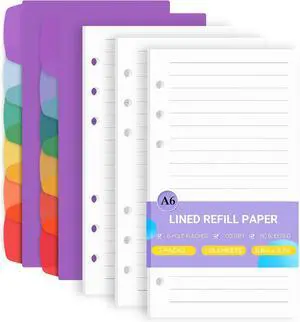 Antner A6 Lined Refill Paper 6-Hole Planner Inserts for A6 6-Ring Refillable Notebook Binder, 135 Sheets/270 Pages Wide Ruled Loose Leaf Filler Paper with 12 PCS Binder Dividers for Journal Notes Antner A6 Lined Refill Paper 6-Hole Planner Inserts for A6 6-Ring Refillable Notebook Binder, 135 Sheets/270 Pages Wide Ruled Loose Leaf Filler Paper with 12 PCS Binder Dividers for Journal Notes