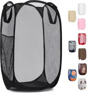 Handy Laundry Collapsible Mesh Pop-Up Hamper with Side Pocket | Breathable mesh keeps clothes fresh; sturdy foldable build saves space. Wide opening makes loading easy. Available in black. Handy Laundry Collapsible Mesh Pop-Up Hamper with Side Pocket | Breathable mesh keeps clothes fresh; sturdy foldable build saves space. Wide opening makes loading easy. Available in black.