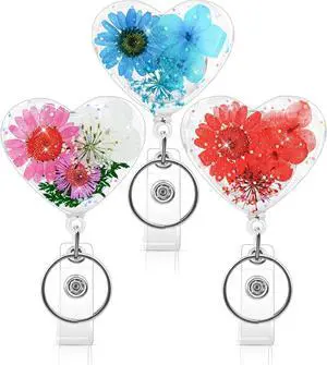 KJQJLY 3 Pcs Cute Flower Badge Reels Retractable for Nurse, Dried Floral Resin Badge Holder with Key Ring, Decorative Nursing Badge Clip for Women Doctor Teacher ID Card (Heart Style 2) KJQJLY 3 Pcs Cute Flower Badge Reels Retractable for Nurse, Dried Floral Resin Badge Holder with Key Ring, Decorative Nursing Badge Clip for Women Doctor Teacher ID Card (Heart Style 2)