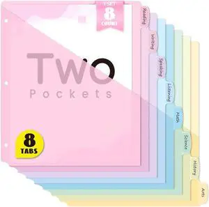 Sooez 8-Tab Binder Dividers with Two Pockets, 8 Tabs Dividers for 3 Ring Binder Organizers, 3-Hole Plastic Sheets Protectors for US Letter Size, School, College, Office Supplies, Pastels, Set of 1 Sooez 8-Tab Binder Dividers with Two Pockets, 8 Tabs Dividers for 3 Ring Binder Organizers, 3-Hole Plastic Sheets Protectors for US Letter Size, School, College, Office Supplies, Pastels, Set of 1
