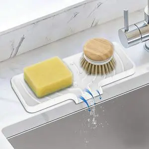 JACZZO Silicone Sponge Holder for Kitchen Sink With Drain Spout, Self Draining, Kitchen Soap Tray, Bathroom Organizer, Sink Caddy (White, 10" x 4") JACZZO Silicone Sponge Holder for Kitchen Sink With Drain Spout, Self Draining, Kitchen Soap Tray, Bathroom Organizer, Sink Caddy (White, 10" x 4")