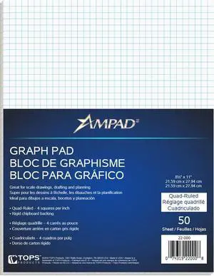 Ampad Quadrille Graph Paper Pad, 4x4 Quad Ruled, 8.5 x 11, 1 Pad | Printed both sides in blue on 20 lb white paper, glue top, rigid 28-pt chipboard back. 50 sheets, made in the USA. Ampad Quadrille Graph Paper Pad, 4x4 Quad Ruled, 8.5 x 11, 1 Pad | Printed both sides in blue on 20 lb white paper, glue top, rigid 28-pt chipboard back. 50 sheets, made in the USA.