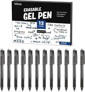 VILMA Erasable Gel Pens Soft Black, 12 Pack, 0.7mm Fine Point, Heat Erasable Gel Ink Pens, Capped Design, Smooth Writing for Home & Office VILMA Erasable Gel Pens Soft Black, 12 Pack, 0.7mm Fine Point, Heat Erasable Gel Ink Pens, Capped Design, Smooth Writing for Home & Office
