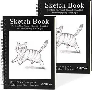 DSTELIN 2 Pack Spiral Bound Sketchbooks (100 GSM Sketch Paper), 50 Sheets per Pack, 7.5" x 5.1" Sketchbook with Black Hard Cover for Painting, Drawing and Sketching DSTELIN 2 Pack Spiral Bound Sketchbooks (100 GSM Sketch Paper), 50 Sheets per Pack, 7.5" x 5.1" Sketchbook with Black Hard Cover for Painting, Drawing and Sketching