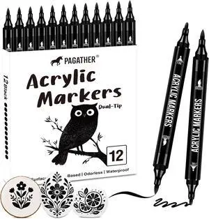 Pagather Black Acrylic Paint Markers, 12 Dual Tip with Fine Tip and Brush Tip Pens for Fabric, Stone, Wood, Canvas, Ceramic, Metal, Glass, Rock Painting, DIY Crafts Pagather Black Acrylic Paint Markers, 12 Dual Tip with Fine Tip and Brush Tip Pens for Fabric, Stone, Wood, Canvas, Ceramic, Metal, Glass, Rock Painting, DIY Crafts