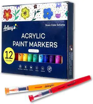 Artkey Acrylic Paint Markers 12 Colors, Direct-Liquid Acrylic Paint Pens with Automatic Ink Control, Flexible Brush Tip Acrylic Markers Set for Rock Painting, Wood, Canvas, Glass, Ceramic, DIY Crafts Artkey Acrylic Paint Markers 12 Colors, Direct-Liquid Acrylic Paint Pens with Automatic Ink Control, Flexible Brush Tip Acrylic Markers Set for Rock Painting, Wood, Canvas, Glass, Ceramic, DIY Crafts
