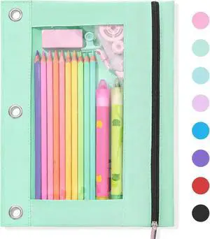 SUNEE Pencil Pouch for 3-Ring Binder, Large Pencil Case with 3 Reinforced Grommets, Zipper Pencil Pouch, Clear Window Pencil Case, Binder Accessories, Light Green SUNEE Pencil Pouch for 3-Ring Binder, Large Pencil Case with 3 Reinforced Grommets, Zipper Pencil Pouch, Clear Window Pencil Case, Binder Accessories, Light Green