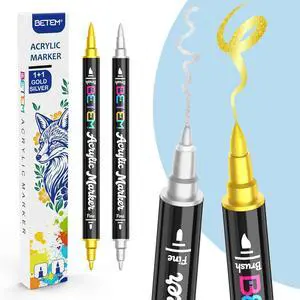 Betem 2 Gold & Silver Paint Markers for Glass, Dual Tip Acrylic Paint Pens | Window, Fabric, Wood, Rock, Canvas, Acrylic Markers with Fine & Brush Tip, Art & Craft Supplies, Wine Glass Markers Betem 2 Gold & Silver Paint Markers for Glass, Dual Tip Acrylic Paint Pens | Window, Fabric, Wood, Rock, Canvas, Acrylic Markers with Fine & Brush Tip, Art & Craft Supplies, Wine Glass Markers