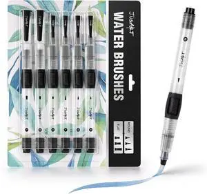 JusArt Water Brush Pens 6-Pack Leak-Proof Refillable Watercolor Pens | Pointed & Flat Tip Styles for Acrylic Gouache Watercolor Painting - Portable Water Brush for Artists Beginners Adults JusArt Water Brush Pens 6-Pack Leak-Proof Refillable Watercolor Pens | Pointed & Flat Tip Styles for Acrylic Gouache Watercolor Painting - Portable Water Brush for Artists Beginners Adults