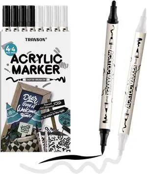TRANSON 4 Black and 4 White Paint Markers Brush and Bold Dual-tip Acrylic Paint Marker Set for Rock Painting Glass Canvas Wood Leather Ceramic Painting TRANSON 4 Black and 4 White Paint Markers Brush and Bold Dual-tip Acrylic Paint Marker Set for Rock Painting Glass Canvas Wood Leather Ceramic Painting