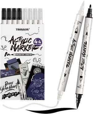 TRANSON 4 Black and 4 White Paint Markers Brush and Fine Dual-tip Acrylic Paint Marker Set for Rock Painting Glass Canvas Wood Leather Ceramic Painting TRANSON 4 Black and 4 White Paint Markers Brush and Fine Dual-tip Acrylic Paint Marker Set for Rock Painting Glass Canvas Wood Leather Ceramic Painting