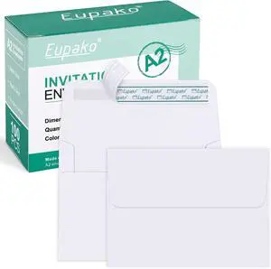 Eupako A2 White Paper Envelopes 100 Pack 4.375x5.75" Invitation Envelopes Self Seal for RSVP, Wedding, Thank you Notes, Greeting Cards, Photos, Announcements Eupako A2 White Paper Envelopes 100 Pack 4.375x5.75" Invitation Envelopes Self Seal for RSVP, Wedding, Thank you Notes, Greeting Cards, Photos, Announcements