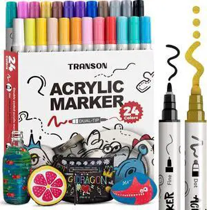 TRANSON 24 Color Bold and Fine Dual-tip Acrylic Paint Pen Set for Canvas Rock Wood Leather Ceramic DIY Painting TRANSON 24 Color Bold and Fine Dual-tip Acrylic Paint Pen Set for Canvas Rock Wood Leather Ceramic DIY Painting