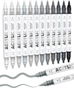 Guangna 12 Grey Dual Tip Acrylic Paint Markers, Brush Tip & Chisel Tip Acrylic Paint Pens for Rock, Wood, Glass, Paper, Coloring Book, Ceramic, Canvas, Water-Based Ink Guangna 12 Grey Dual Tip Acrylic Paint Markers, Brush Tip & Chisel Tip Acrylic Paint Pens for Rock, Wood, Glass, Paper, Coloring Book, Ceramic, Canvas, Water-Based Ink