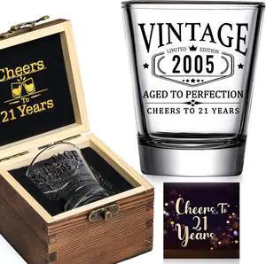 21st Birthday Gifts for Him Her - Limited Edition Shot Glass with Wooden Box - Vintage 2005 Cheers To 21 Years, Finally 21 Party Decorations Supplies - Turning 21 Bday Present for Men Brother Friends 21st Birthday Gifts for Him Her - Limited Edition Shot Glass with Wooden Box - Vintage 2005 Cheers To 21 Years, Finally 21 Party Decorations Supplies - Turning 21 Bday Present for Men Brother Friends