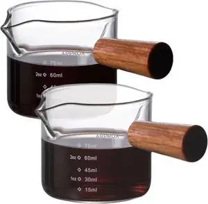 2 Pack Espresso Shot Glass With Wooden Handle, 75ML Measuring Pitcher Cup | Wooden Handle V-Shaped Double Spout Espresso Shot Glass, Milk Frothing Pitcher, Coffee Bar Essentials, Coffee Accessories 2 Pack Espresso Shot Glass With Wooden Handle, 75ML Measuring Pitcher Cup | Wooden Handle V-Shaped Double Spout Espresso Shot Glass, Milk Frothing Pitcher, Coffee Bar Essentials, Coffee Accessories