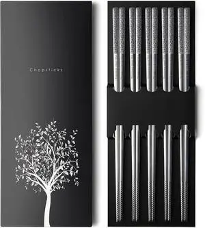 IQCWOOD 5 Pairs 18/10 Stainless Steel Chopsticks, 9.25 Inches | Reusable Non-Slip Laser Engraved, Metal Chopsticks for Asian Food Sushi Ramen Pho, Dishwasher Safe, Gift Box IQCWOOD 5 Pairs 18/10 Stainless Steel Chopsticks, 9.25 Inches | Reusable Non-Slip Laser Engraved, Metal Chopsticks for Asian Food Sushi Ramen Pho, Dishwasher Safe, Gift Box