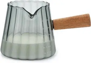 Glass Measuring Cup, 6oz Creamer Pitcher with Wood Handle | Creative Milk Frothing Pitcher Creamer Shot Glass (Gray Glass Measuring Cup, 6oz Creamer Pitcher with Wood Handle | Creative Milk Frothing Pitcher Creamer Shot Glass (Gray