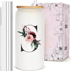 Customized Personalized Gifts for Women, Cute Initial Glass Cups with Lids and Straws, Letter Iced Coffee Cup, Monogram Drinking Glasses Tumbler Mug, Mothers Day Gifts for Mom Wife Nana Aunt Niece, S Customized Personalized Gifts for Women, Cute Initial Glass Cups with Lids and Straws, Letter Iced Coffee Cup, Monogram Drinking Glasses Tumbler Mug, Mothers Day Gifts for Mom Wife Nana Aunt Niece, S