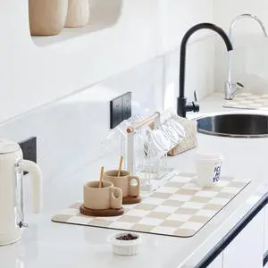 Ohocut Checkered Dish Drying Mat for Kitchen Counter, Coffee Bar Station Accessories, Retro Cute Aesthetic Modern Absorbent Drainer Mat Kitchen Drying Mat Easy Clean, Beige 12" x 19" Ohocut Checkered Dish Drying Mat for Kitchen Counter, Coffee Bar Station Accessories, Retro Cute Aesthetic Modern Absorbent Drainer Mat Kitchen Drying Mat Easy Clean, Beige 12" x 19"