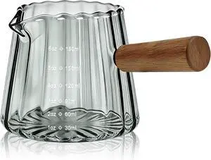 Espresso Measuring Cup 6 Oz, Espresso Glass Cups with Wood Handle, Milk Frothing Cup, Espresso Cup for Coffee, Milk, Tea or Maple Syrup Serving Espresso Measuring Cup 6 Oz, Espresso Glass Cups with Wood Handle, Milk Frothing Cup, Espresso Cup for Coffee, Milk, Tea or Maple Syrup Serving