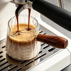Espresso Measuring Cup, 6oz Borosilicate Glass Espresso Cups with Wood Handle (2.71in Long Grip), V-Shaped Spout Ribbed Milk Frothing Cup for Coffee, Latte, Tea, Syrup Espresso Accessories Espresso Measuring Cup, 6oz Borosilicate Glass Espresso Cups with Wood Handle (2.71in Long Grip), V-Shaped Spout Ribbed Milk Frothing Cup for Coffee, Latte, Tea, Syrup Espresso Accessories