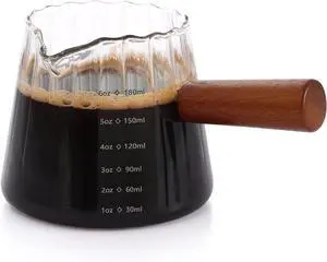 Espresso Cups 6 OZ, V-Shaped Spouts Cups, Espresso Shot Glasses with Wood Handle, Ribbed Milk Measuring Cup Espresso Cups 6 OZ, V-Shaped Spouts Cups, Espresso Shot Glasses with Wood Handle, Ribbed Milk Measuring Cup
