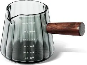 Joeyan 6 oz Grey Glass Measuring Cups with Spout,Borosilicate Glass Triple Pitcher with Scale,Origami Style Espresso Shot Glasses with Wood Handle for Coffee Milk,Dishwasher Safe Joeyan 6 oz Grey Glass Measuring Cups with Spout,Borosilicate Glass Triple Pitcher with Scale,Origami Style Espresso Shot Glasses with Wood Handle for Coffee Milk,Dishwasher Safe