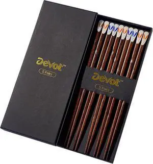 Devot 5 Pairs Natural Wooden Reusable 9 Inch Non-Slip Chopsticks | Chopsticks with Food-Grade Lacquer Finish For Cooking Eating, Sushi, Noodles, Rice | Classic Style Chopsticks Gift Set Devot 5 Pairs Natural Wooden Reusable 9 Inch Non-Slip Chopsticks | Chopsticks with Food-Grade Lacquer Finish For Cooking Eating, Sushi, Noodles, Rice | Classic Style Chopsticks Gift Set
