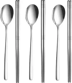 Chopsticks and Spoon Set, 3 Pairs Stainless Steel Metal Chopsticks Spoons, 3 Sets Korean Long Handle Spoons and Chop Sticks Reusable for Home, Kitchen or Restaurant Chopsticks and Spoon Set, 3 Pairs Stainless Steel Metal Chopsticks Spoons, 3 Sets Korean Long Handle Spoons and Chop Sticks Reusable for Home, Kitchen or Restaurant