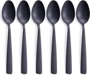 Matte Black Stainless Steel Dinner Spoon Set of 6 | 8.0-Inch Spoon Silverware, Hammered Metal, Smooth Satin Finish, Dishwasher Safe Matte Black Stainless Steel Dinner Spoon Set of 6 | 8.0-Inch Spoon Silverware, Hammered Metal, Smooth Satin Finish, Dishwasher Safe