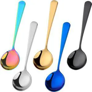 6.3 Inch Soup Spoons, Food-Grade Stainless Steel Round Spoon & Teaspoons Set, Durable Metal Dessert Spoons, Dishwasher Safe Silverware for Home & Restaurant (5, Blue Blend) 6.3 Inch Soup Spoons, Food-Grade Stainless Steel Round Spoon & Teaspoons Set, Durable Metal Dessert Spoons, Dishwasher Safe Silverware for Home & Restaurant (5, Blue Blend)