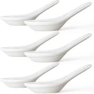 Asian Soup Spoons Set of 6, Ceramic Chinese Soup Spoons Japanese Spoon for Ramen Pho Dumpling Miso Wonton Noodles 5.5 Inch | Flat Bottom Design | White Asian Soup Spoons Set of 6, Ceramic Chinese Soup Spoons Japanese Spoon for Ramen Pho Dumpling Miso Wonton Noodles 5.5 Inch | Flat Bottom Design | White