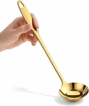 Gold Ladle, 304 Stainless Steel Gold Ladle 11.4" Long Handle Kitchen Metal Ladel Large Serving Spoon for Cooking, Serving, Stirring, Canning Gold Ladle, 304 Stainless Steel Gold Ladle 11.4" Long Handle Kitchen Metal Ladel Large Serving Spoon for Cooking, Serving, Stirring, Canning