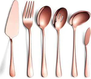 6-Piece Copper Serving Flatware Silverware Set,Stainless Steel Serving Utensil Set,Include Cake Server, Slotted Serving Spoon, Serving Spoon, Cold Meat Fork, Butter Knife, Soup Ladle 6-Piece Copper Serving Flatware Silverware Set,Stainless Steel Serving Utensil Set,Include Cake Server, Slotted Serving Spoon, Serving Spoon, Cold Meat Fork, Butter Knife, Soup Ladle
