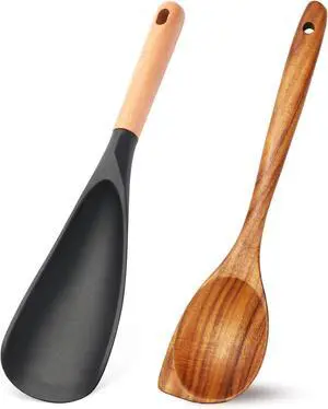 2 Pcs Cooking Spoon for Nonstick Cookware BPA-Free Matte Silicone Head with Wood Handle, Heat-Resistant Mixing Large Wooden Spoon for Serving, Stirring, Scooping & Scraping 2 Pcs Cooking Spoon for Nonstick Cookware BPA-Free Matte Silicone Head with Wood Handle, Heat-Resistant Mixing Large Wooden Spoon for Serving, Stirring, Scooping & Scraping