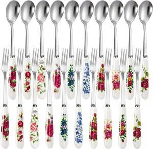 Nicunom 20 Pcs Dessert Forks and Spoons Silverware Set, Stainless Steel Mini Fork Spoon with Ceramic Handle, Floral Design Tea Coffee Spoon Cake Fruit Fork for Dessert, Appetizers, Salad Nicunom 20 Pcs Dessert Forks and Spoons Silverware Set, Stainless Steel Mini Fork Spoon with Ceramic Handle, Floral Design Tea Coffee Spoon Cake Fruit Fork for Dessert, Appetizers, Salad